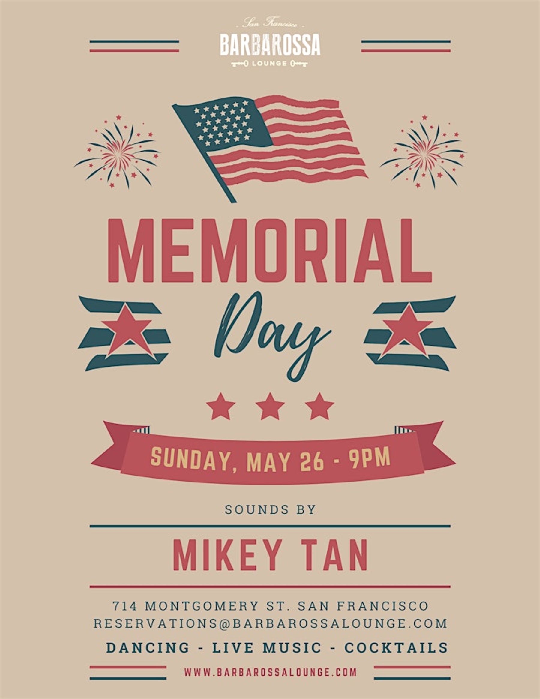 Free Memorial Day Celebration at Barbarossa Lounge | Downtown San Francisco