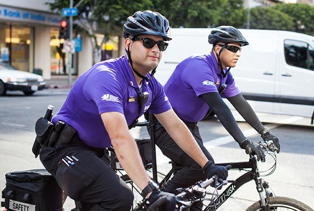 Men in purple shirts on bikes