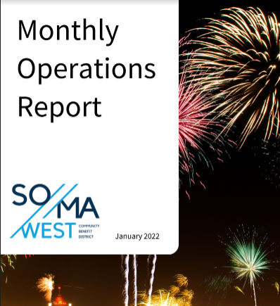 Report Cover Page, titled Monthly Operations Repot January 2022 over a background image of fireworks in the night sky