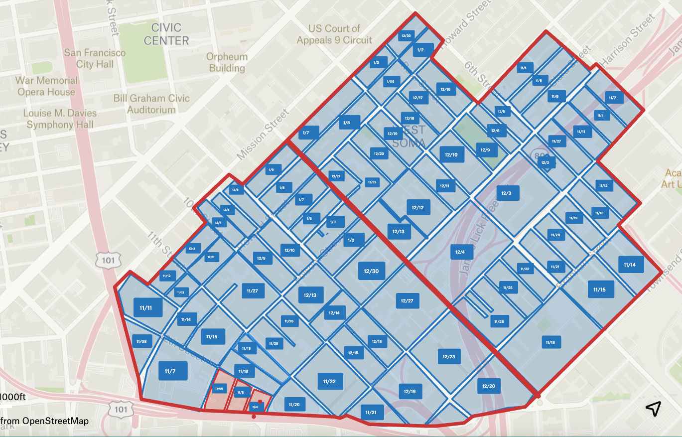 Map of SOMA West District with schedule for power washing