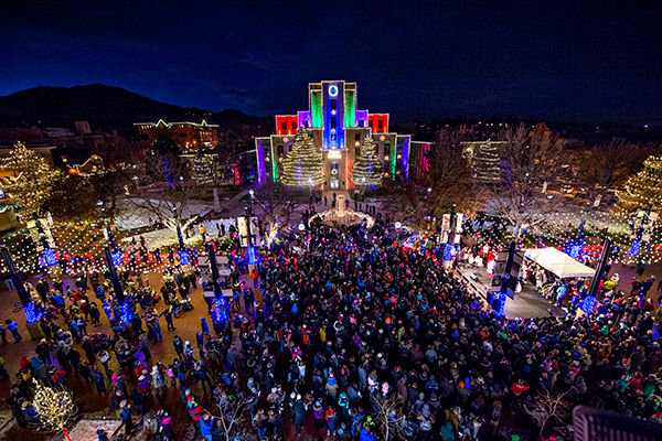 A aerial view of the Pearl Street Mall and Boulder County Courthouse with holiday lights