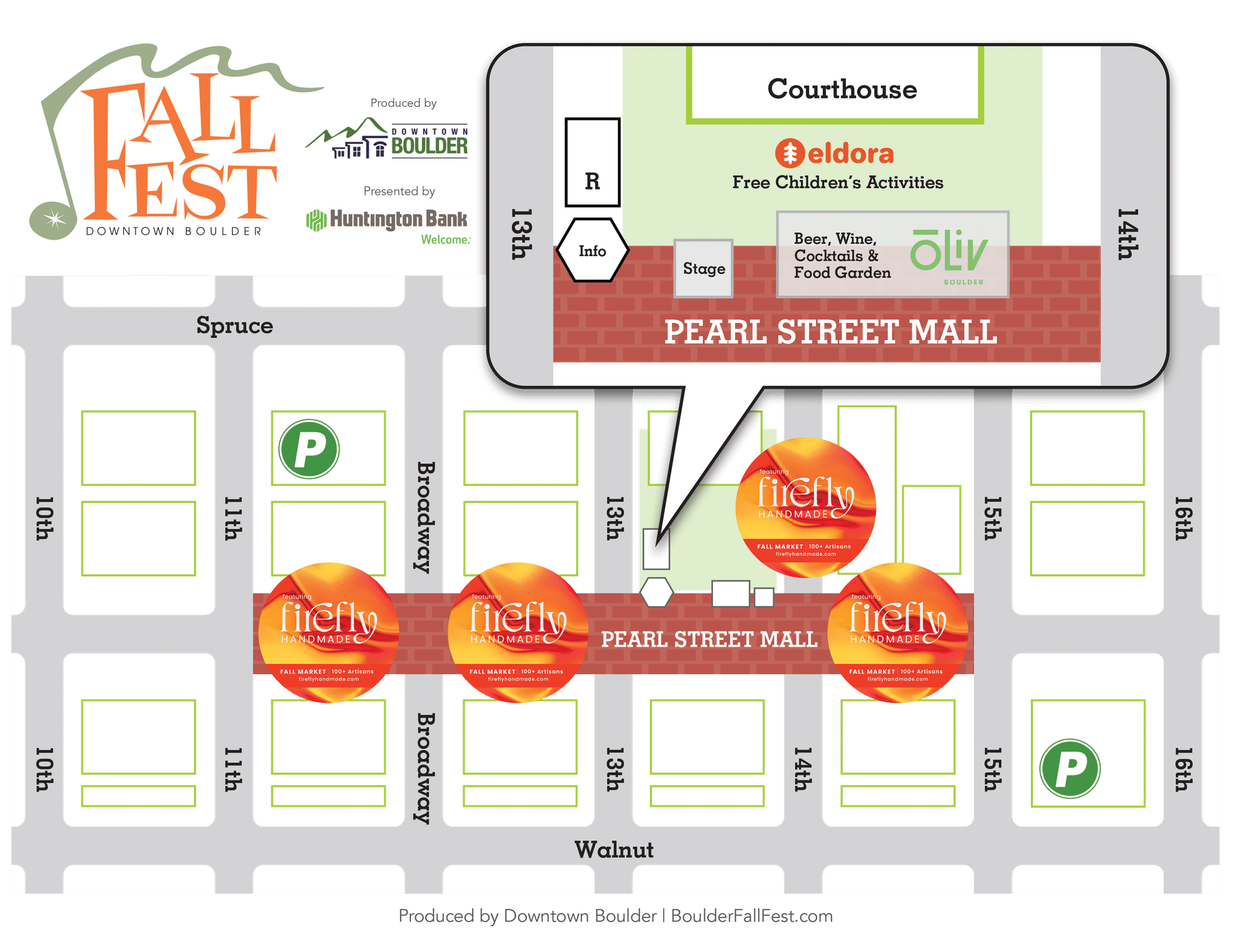 A site map of the Pearl Street Mall with locations of activities at the Downtown Boulder Fall Fest