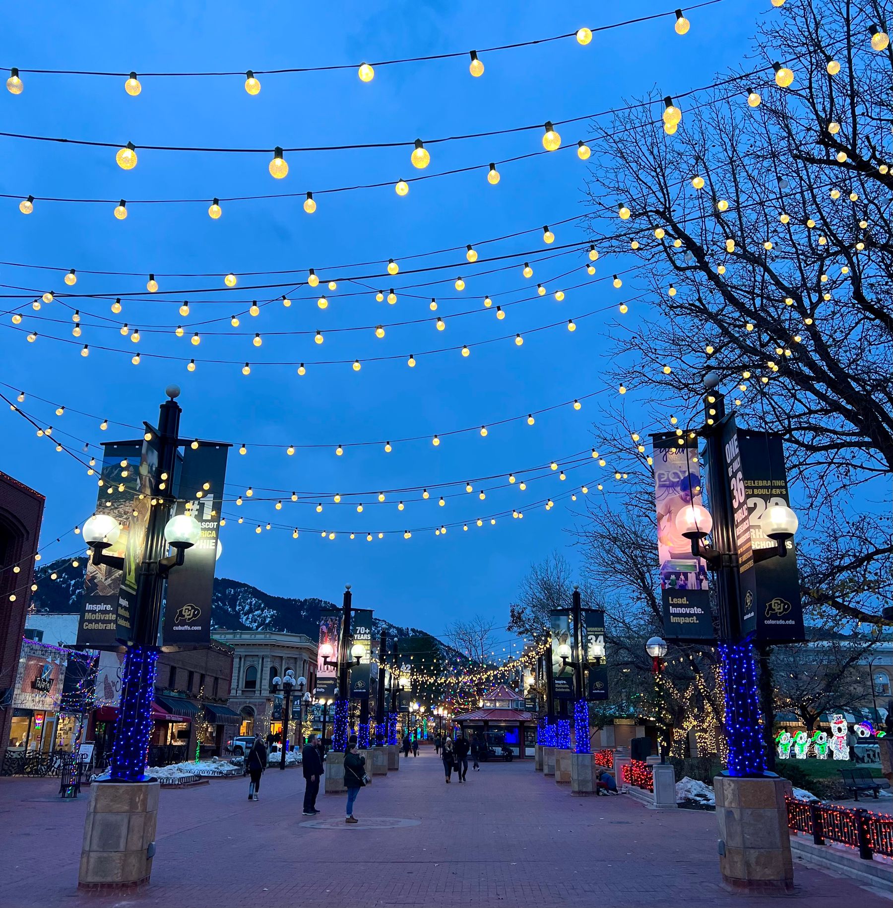 The streets of Downtown Boulder decorated with holiday lights