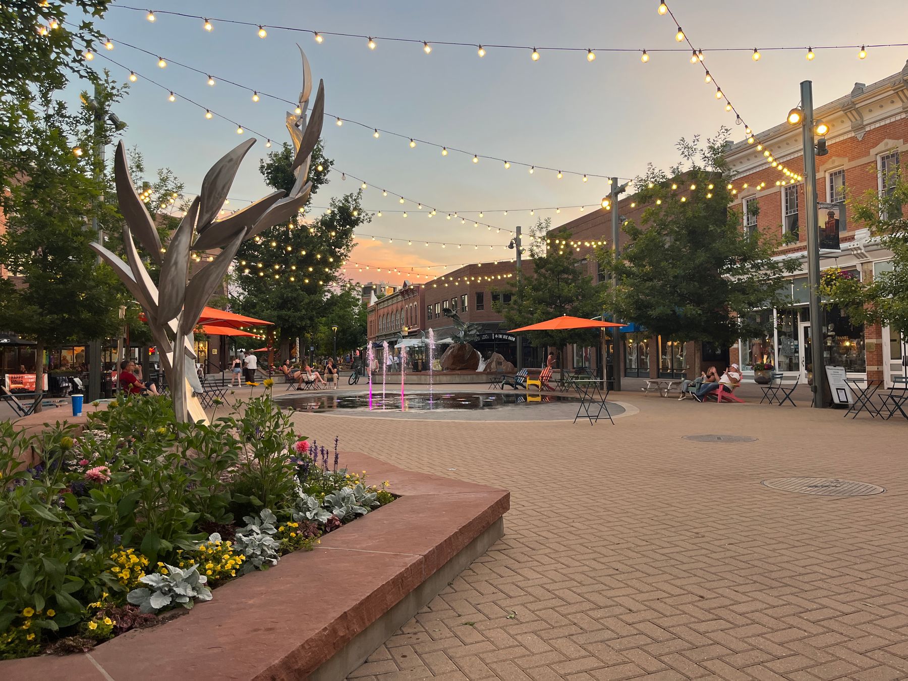 Fort Collins Old Town Square at dusk with beautiful sunset