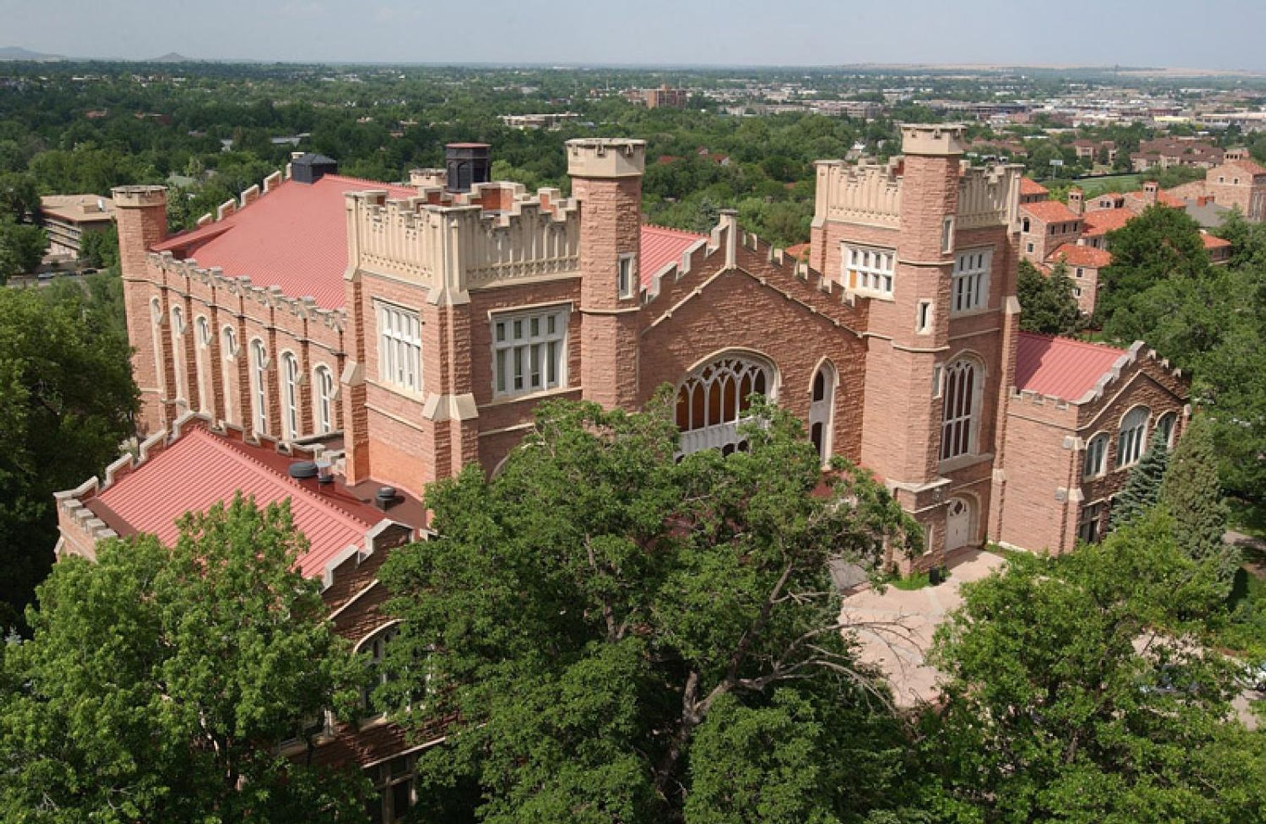 View of Macky Auditorium in the daylight from Old Main