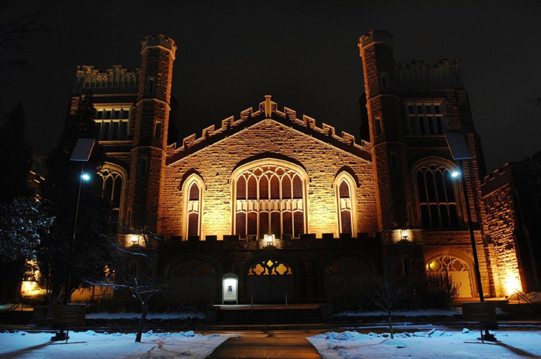 Night view of front face of Macky with snow on ground