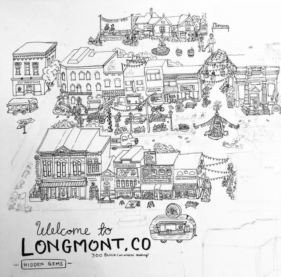 An Artistic illustrated map of Downtown Longmont by local artist Coy.Ink 