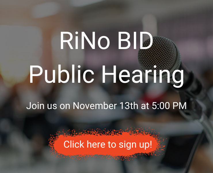 RiNo BID Renewal Public Hearing Speaker Sign-Up Form Survey link graphic