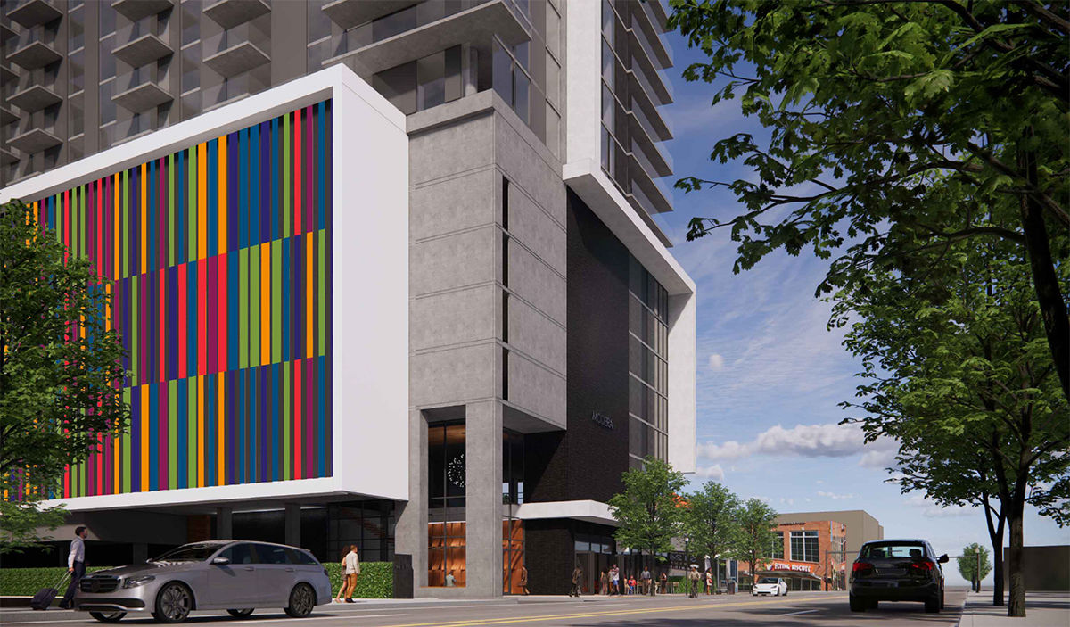 The proposed colorful garage screening concept matches both Modera's color palette and Midtown's rainbow crosswalks. 