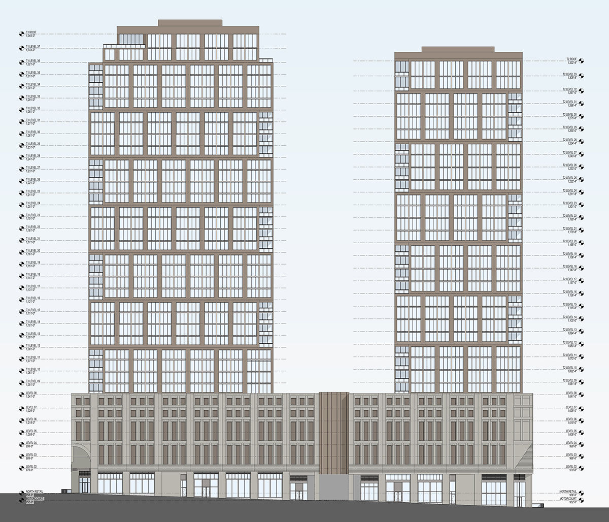 A sketch of the proposed 1081 Juniper Street project showing elevation of the towers along the east side of the street.
