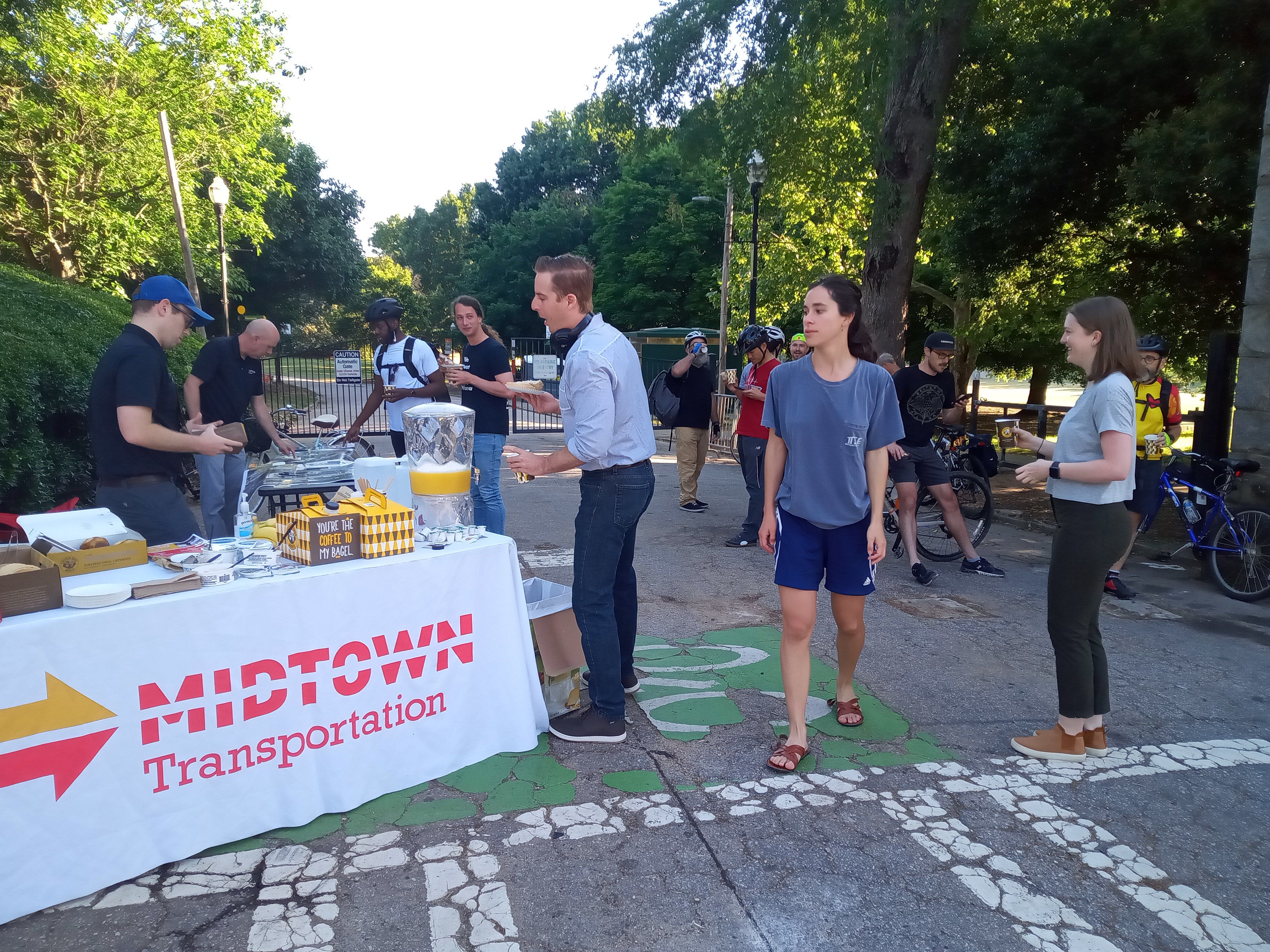 Attendees eat complementary breakfast and learn about upcoming bike infrastructure plans