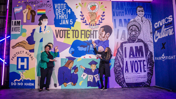 Hernandez' Fair Fight, a mural painted for Fair Fight Action, an organization founded by Stacey Abrams (above) to address voter suppression. 