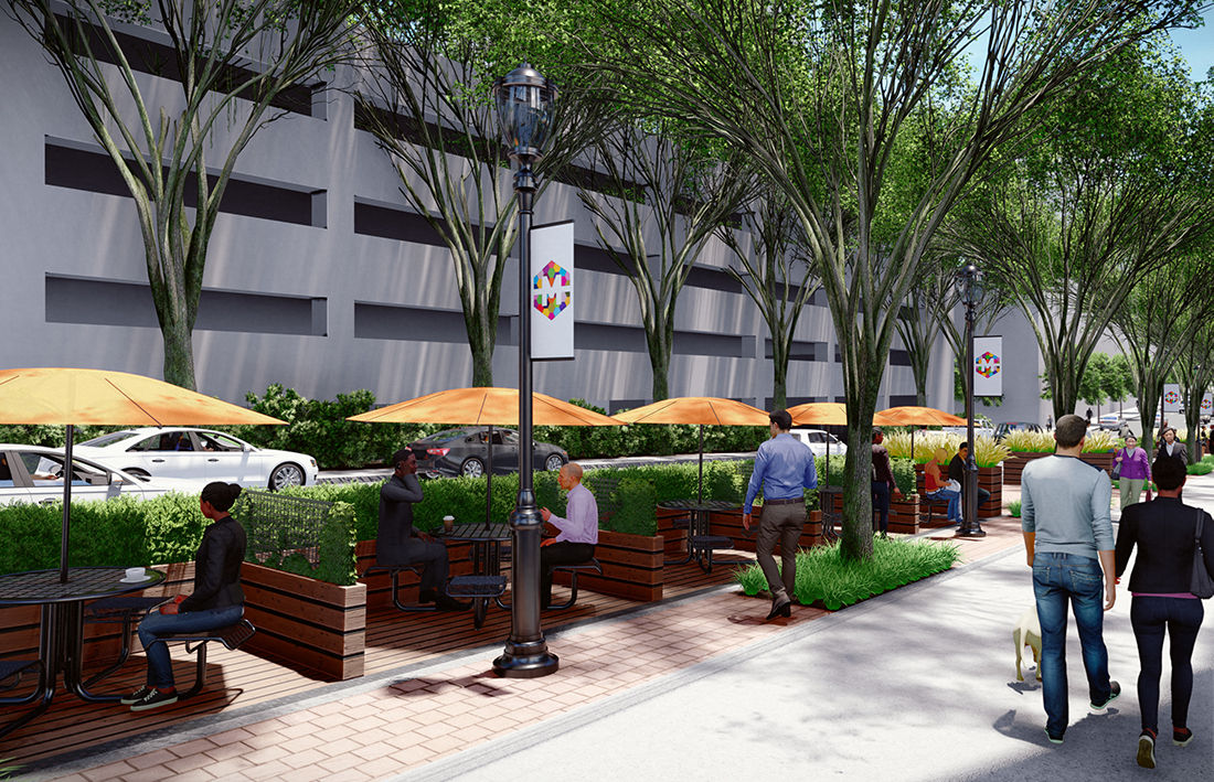 A rendering of a parklet at 4th and Spring Streets.