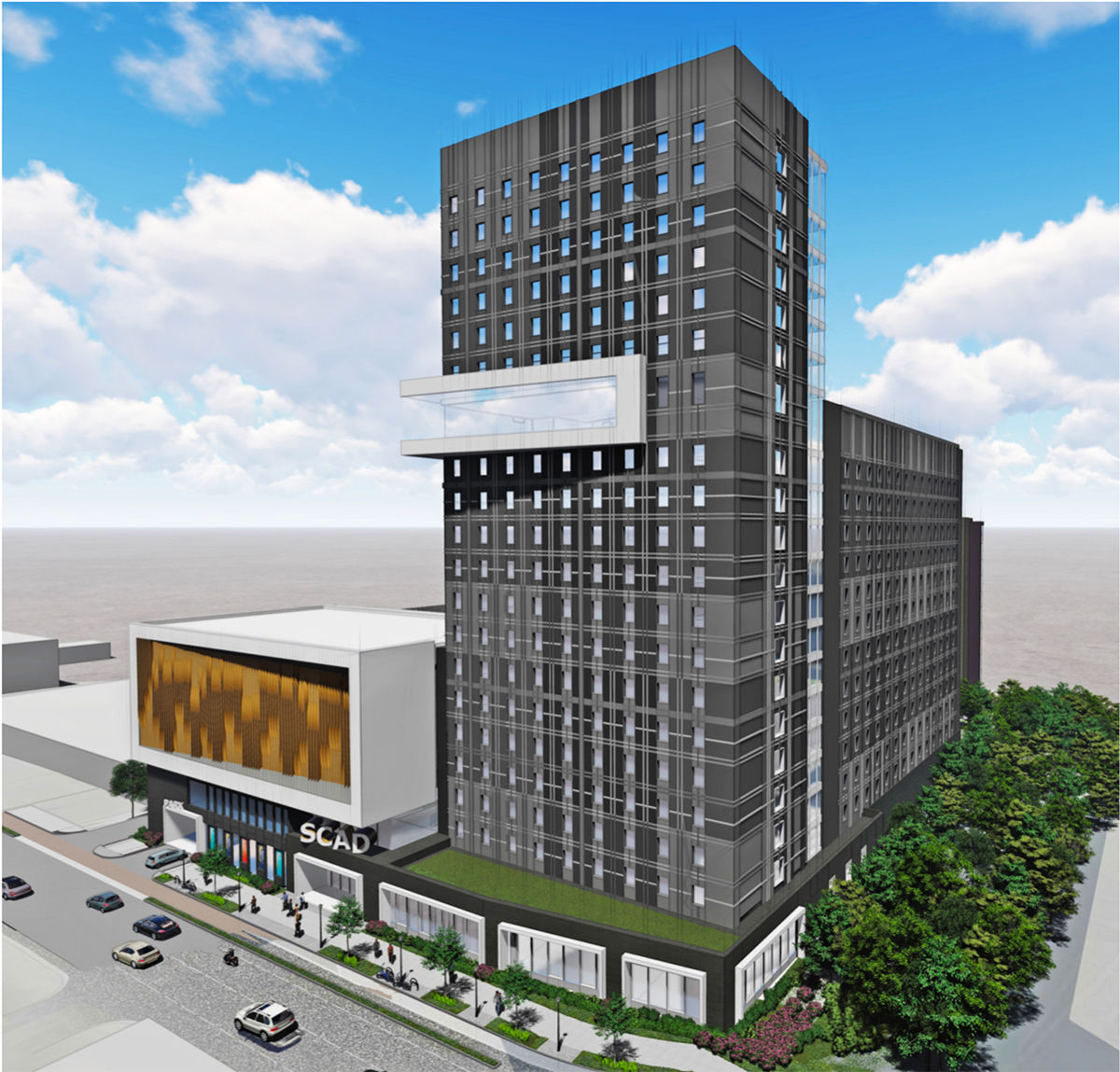 The Midtown Development Review Committee on November 12 saw designs for a 20-story mixed-use project by the Savannah College of Art and Design at 1470 Spring Street. The building would rise with the Buford-Spring connector roadway to its north.