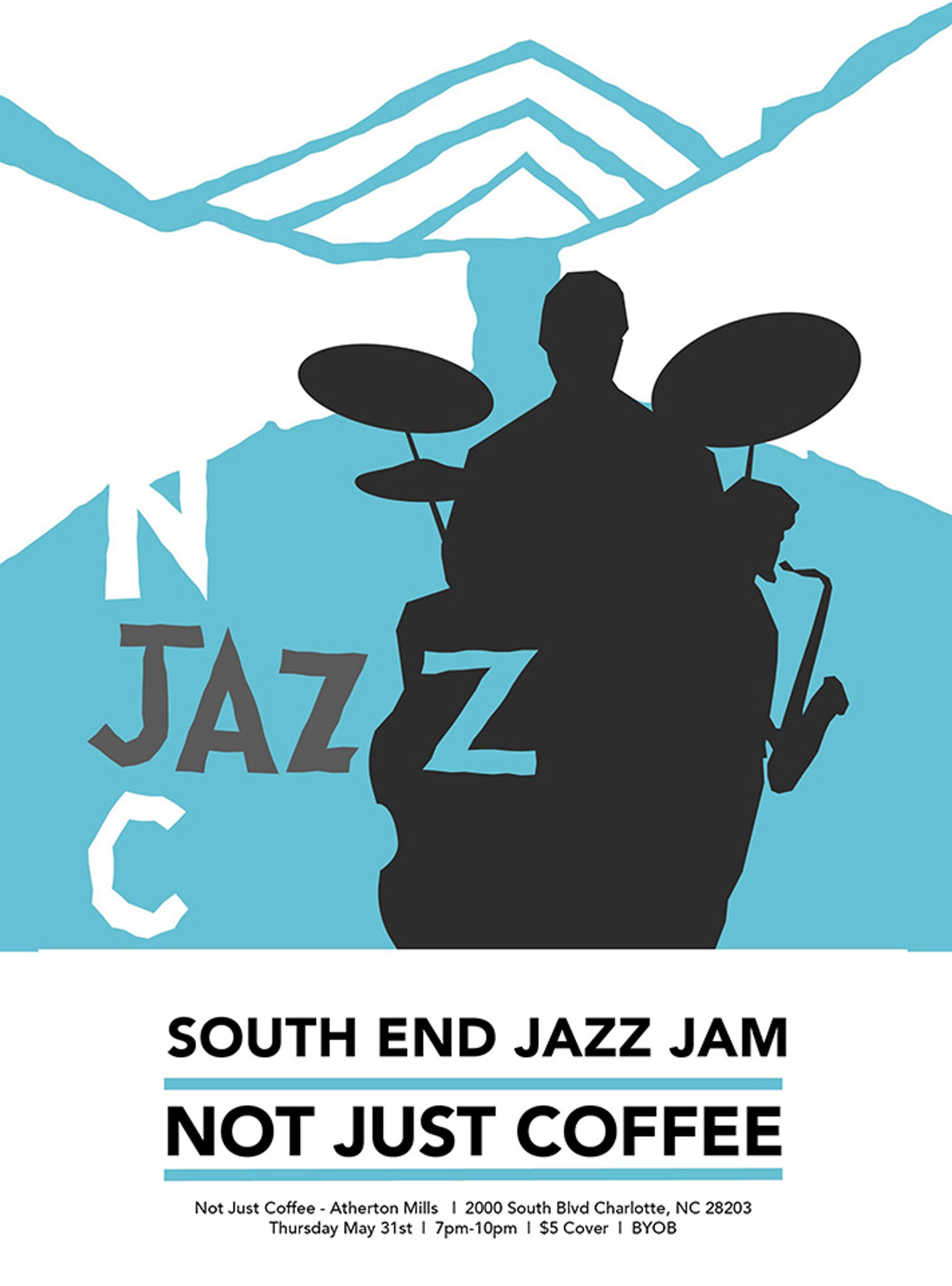 Ad for South End Jazz event person playing drums
