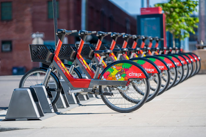 Citrix Cycle bikeshare bikes at a docking station