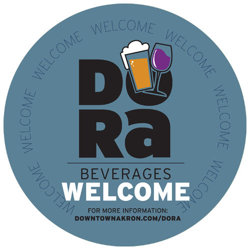 Graphic of business decal for the downtown Akron DORA: DORA beverages are welcome in businesses and spaces with this blue-gray decal displayed.