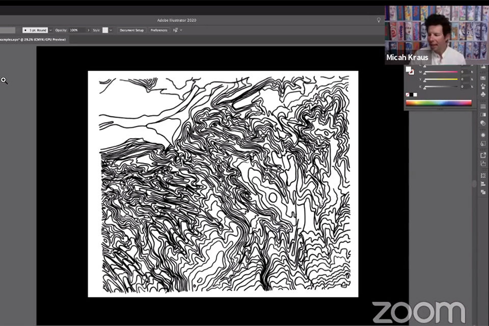 Screenshot of presentation of topographic artwork from Micah Kraus for Dreamers and Doers interview