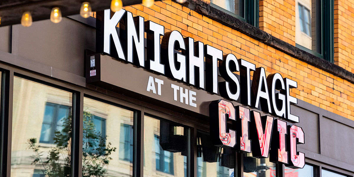 An image of the outdoor sign for the Knight Stage at the Civic in downtown Akron.