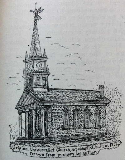 A black and white line drawing of a church with writing at the bottom that says: 