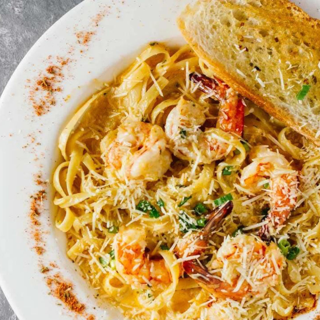 New Orleans Style Fettuccine Alfredo with Shrimp at Bourbon St. Cafe