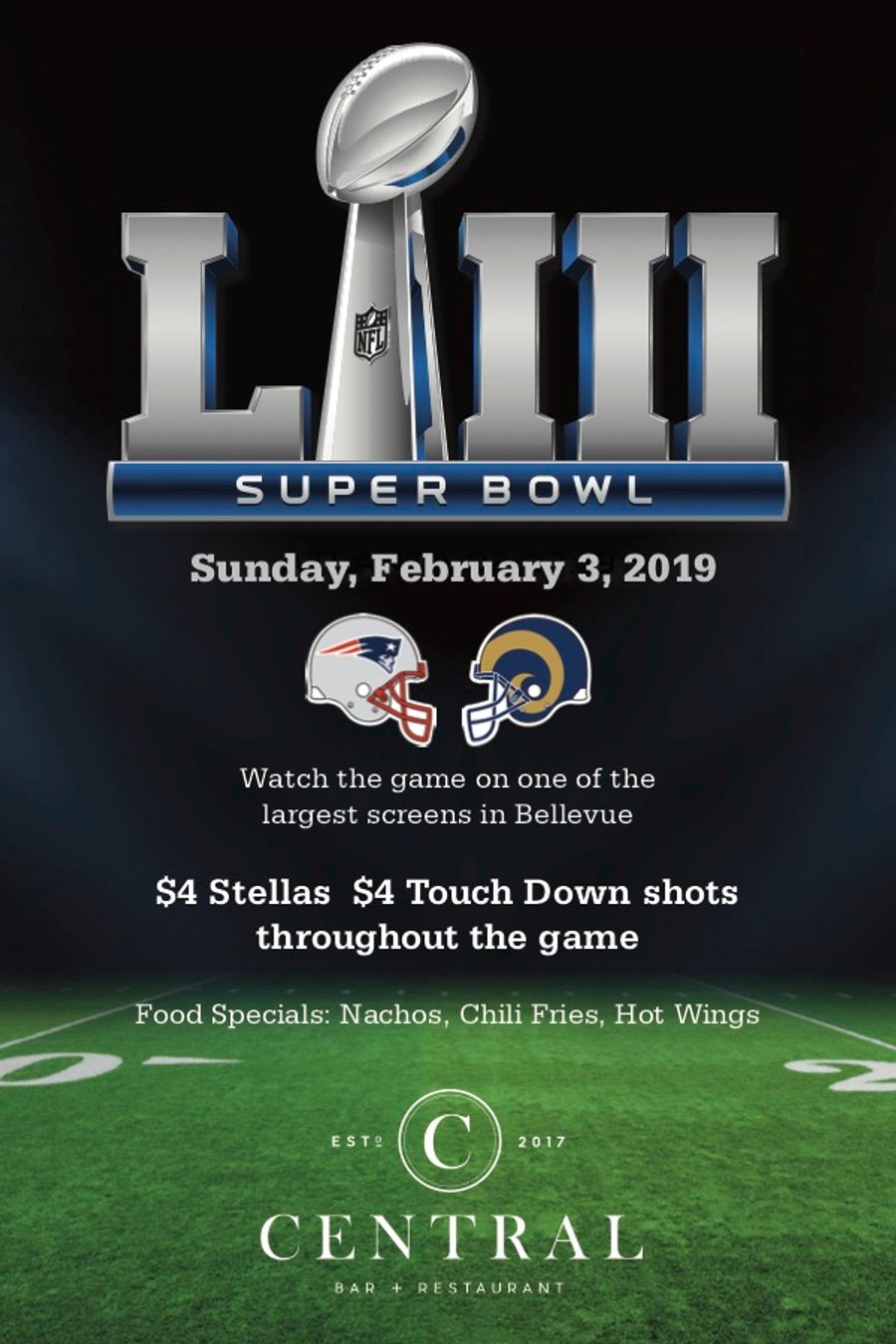 Super Bowl Viewing with Food & Drink Specials!